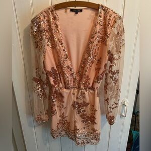 Moon lite xs pink & gold sequin floral long mesh sleeve vneck shorts romper
